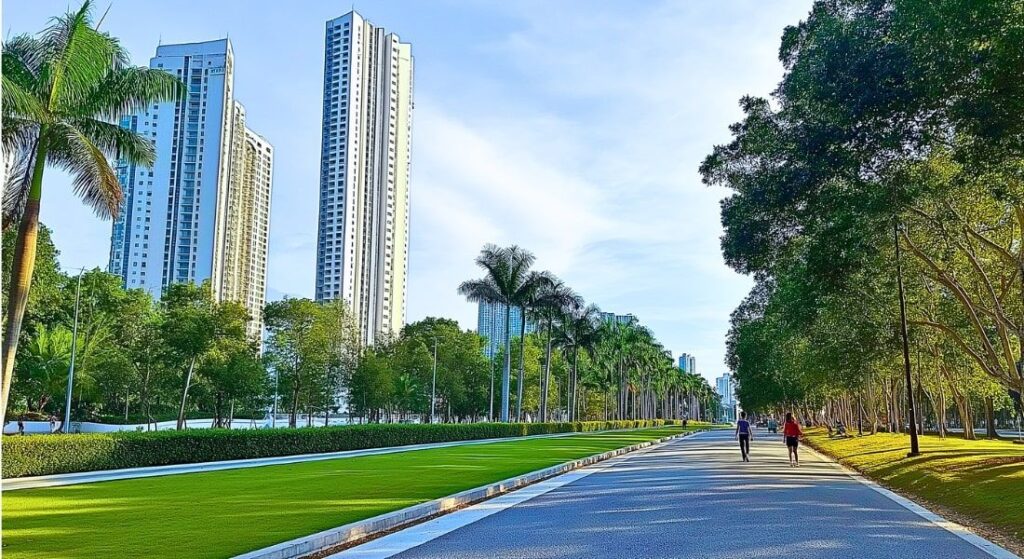 Wide park path with palm trees and high-rise buildings on the left; two people jog in the distance under a clear sky.
