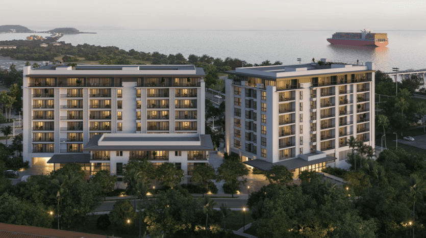 Two modern midrise residential buildings stand along the coastline with a cargo ship visible on the water in the distance.