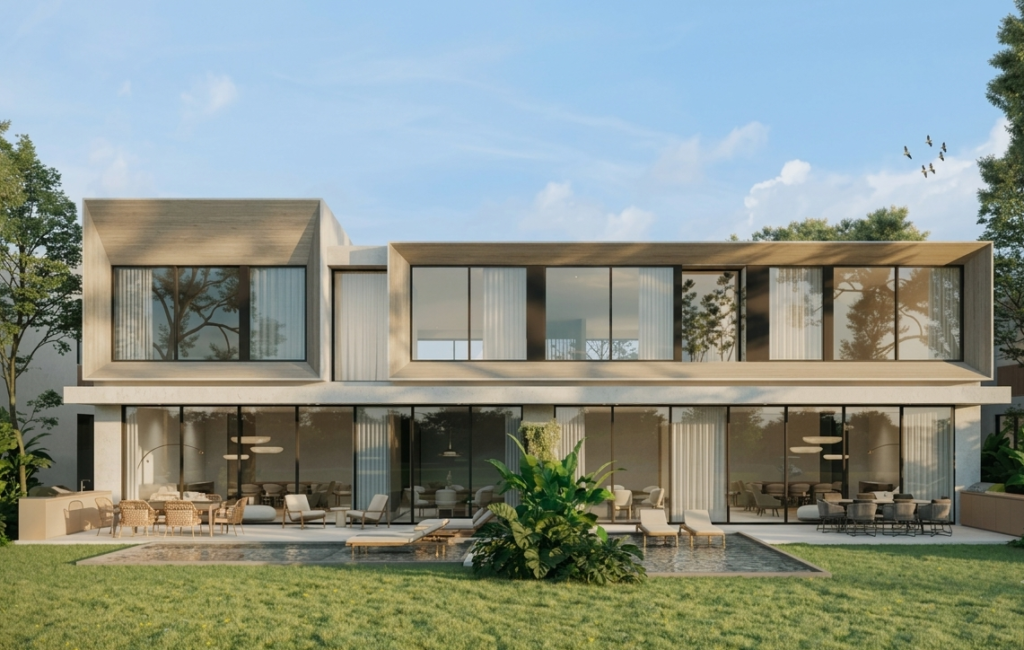 Modern two-story house with expansive glass walls, wooden window frames, and a rectangular pool in front.