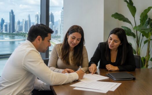 How-Do-Closing-Costs-Work-for-Real-Estate-in-Panama - Panama Elite Homes Three colleagues in a meeting signing documents at a wooden table with a cityscape view outside the window, laptops nearby.