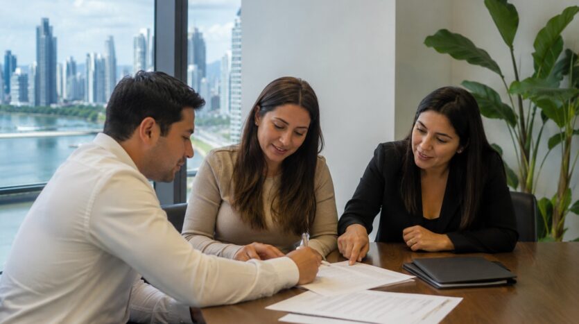 Three colleagues in a meeting signing documents at a wooden table with a cityscape view outside the window, laptops nearby.
