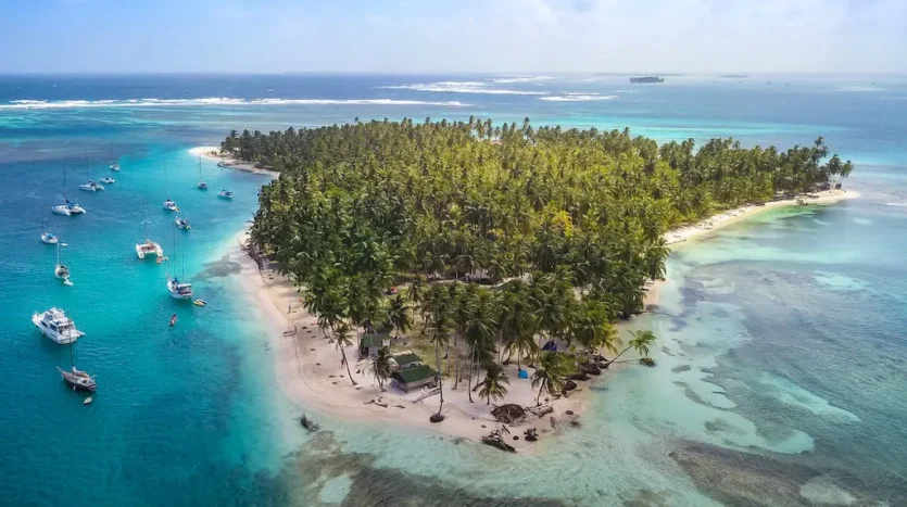 A tropical island densely lined with palm trees, surrounded by turquoise water and anchored boats along a sandy shoreline.