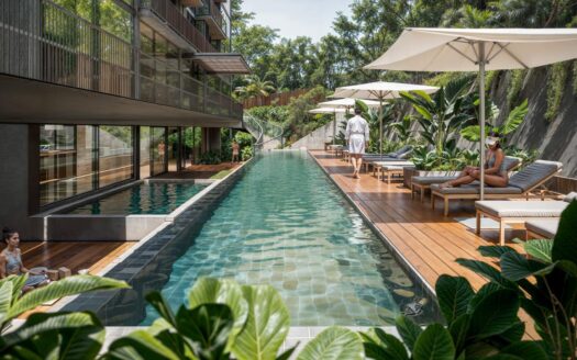 Resort pool bordered by wooden deck with lounge chairs and large umbrellas, tropical plants along a concrete wall, people relaxing nearby.