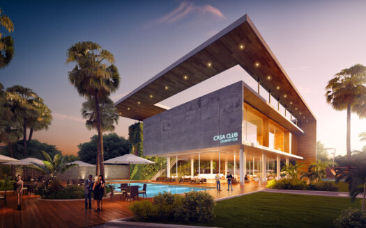 Modern two-story club building with a cantilevered wooden roof over a poolside patio, illuminated at dusk among palm trees.